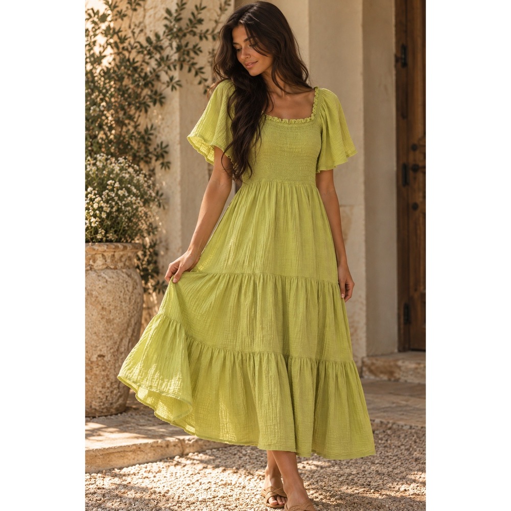 Ivy City Co Jovie Smocked Cotton Tiered Maxi Dress Chartreuse Green Medium